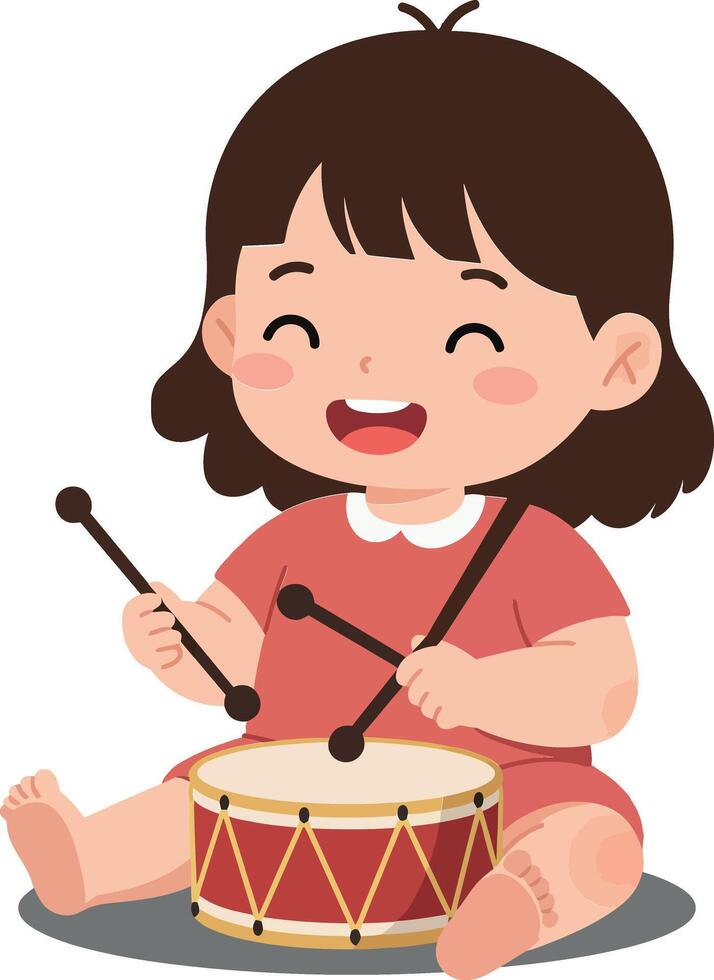 Happy child joyfully playing a red drum with drumsticks in a playful, colorful flat illustration vector