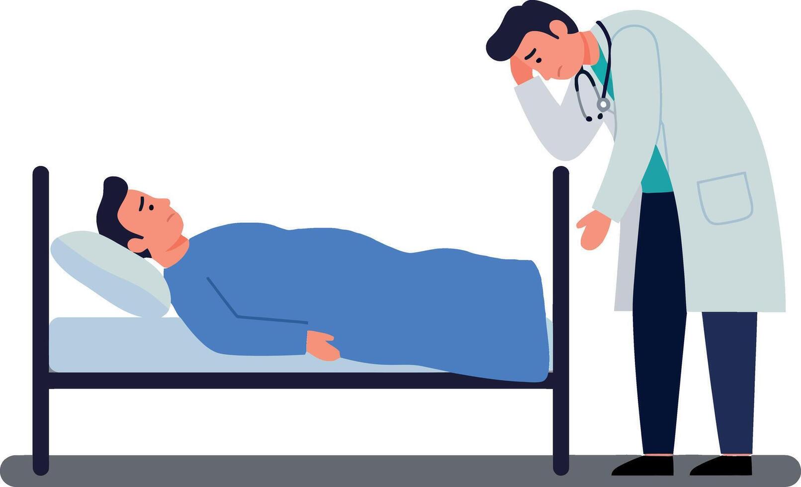 Doctor in a white coat checks on a patient lying in bed, minimal illustration depicting concern and care in a medical setting vector