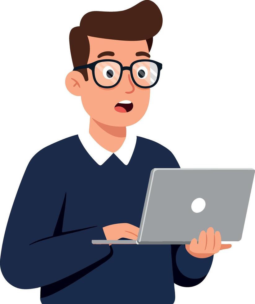 Young man with glasses focused on a laptop, dressed in a navy sweater, showcasing a flat design style in vibrant art vector