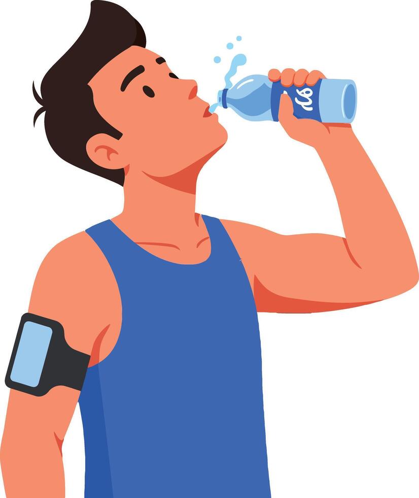 Athletic man in blue tank top drinking water while exercising, minimal style, showcasing hydration and fitness, illustration vector