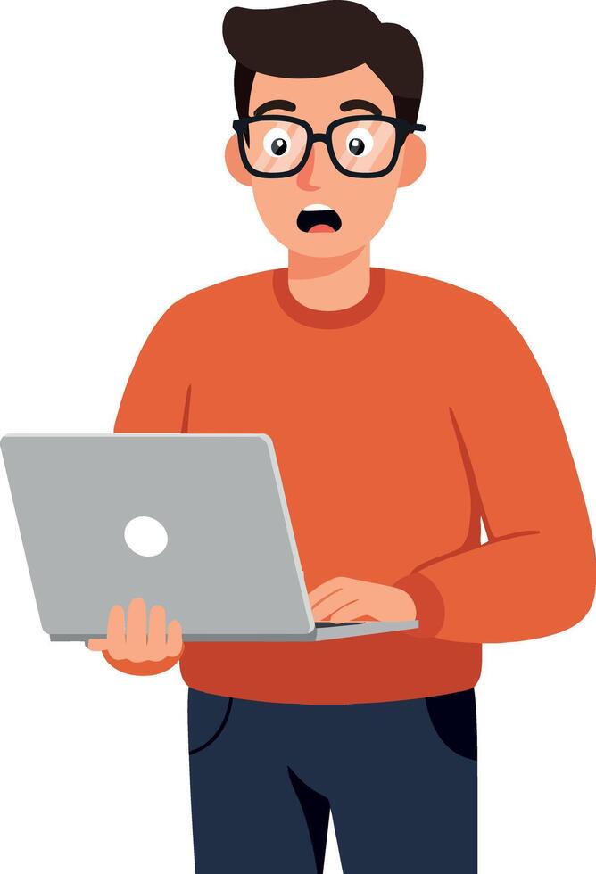Surprised young man with glasses holding a laptop while wearing an orange sweater in a flat style illustration vector