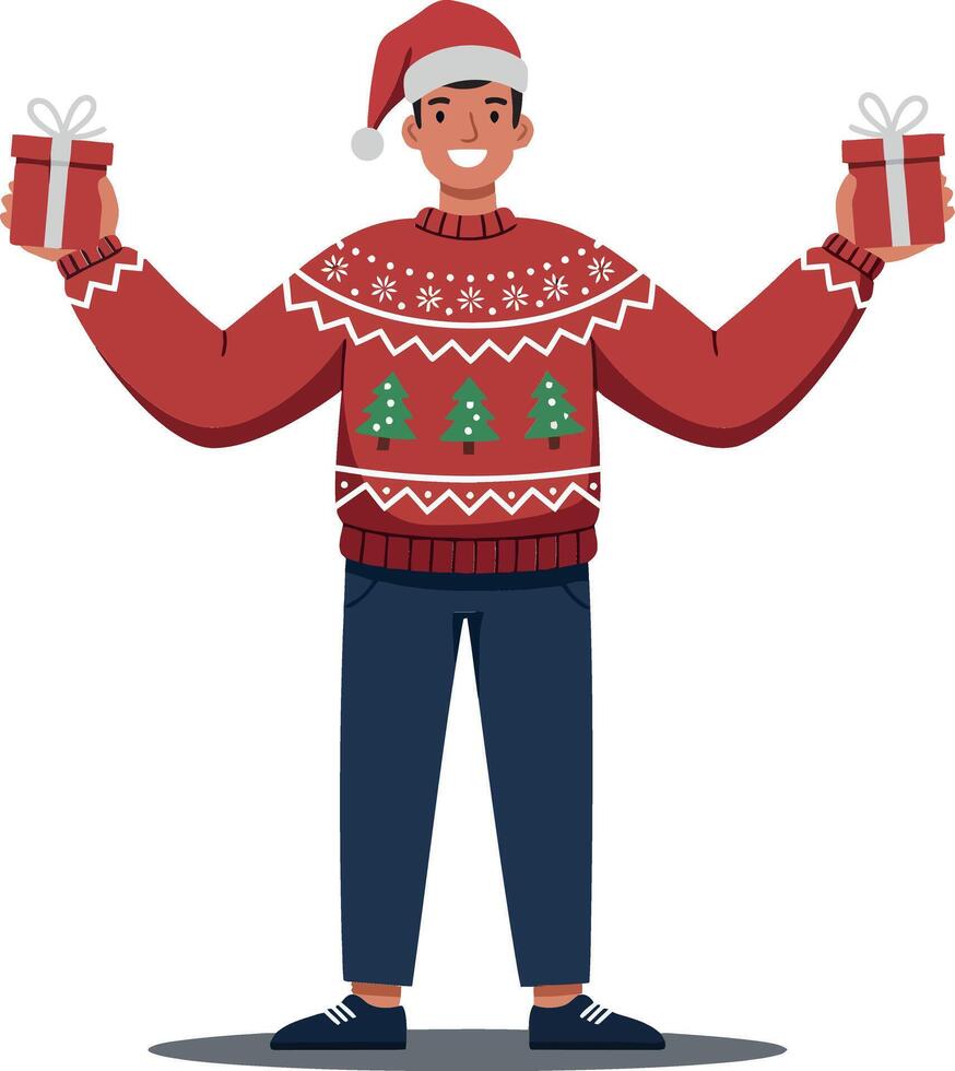 Cheerful man in a red Christmas sweater and Santa hat holding two gift boxes in a joyful holiday celebration, flat illustration vector