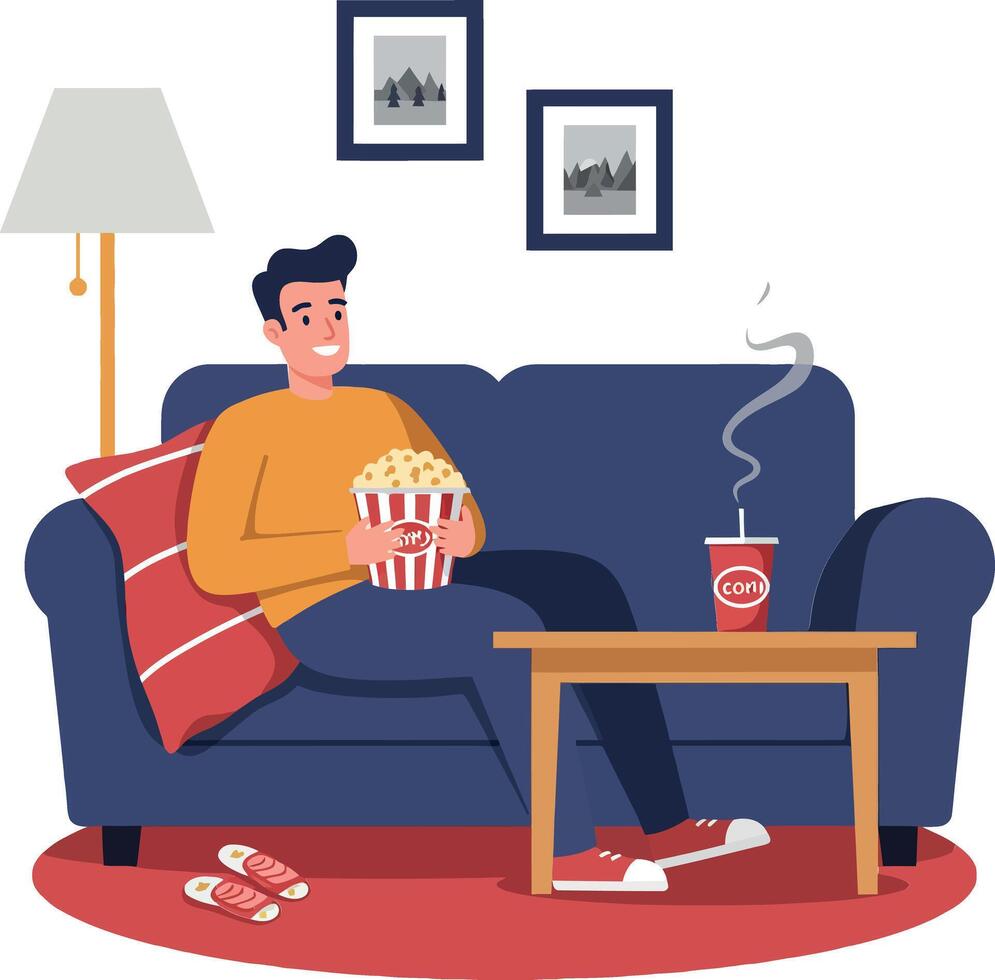A cheerful young man relaxing on a blue couch with popcorn and a drink in a cozy living room illustration vector