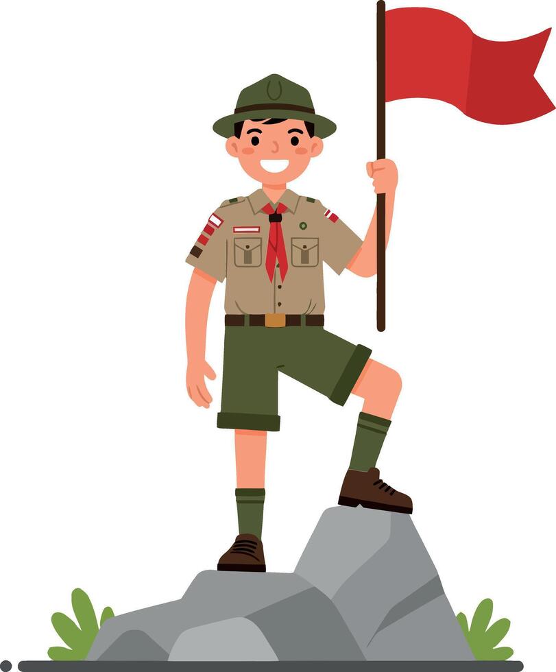 Young scout standing triumphantly on a rock holding a red flag in a flat and cheerful illustration vector