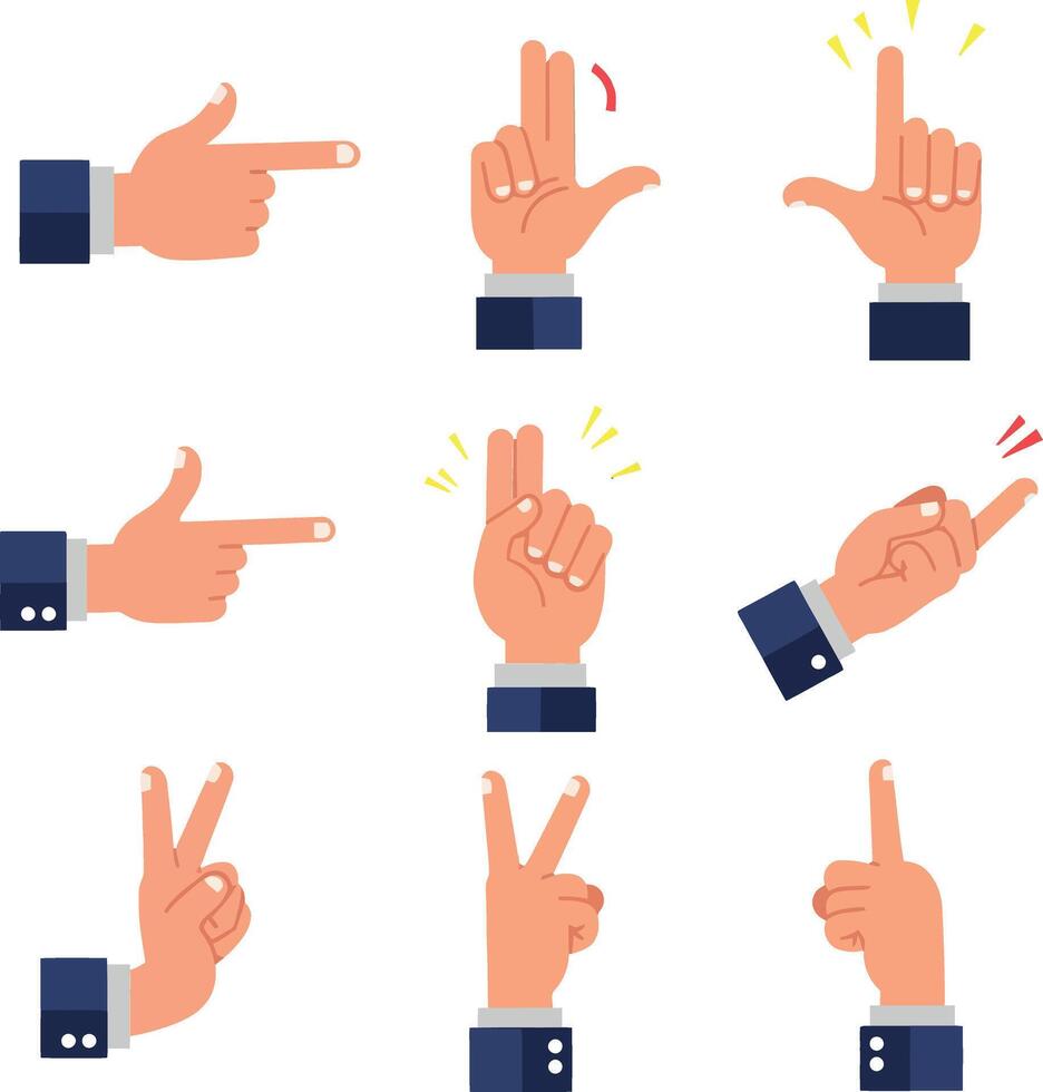 A collection of diverse hand gestures in a flat design style showcasing communication and expression, emphasizing creativity and interaction in art vector