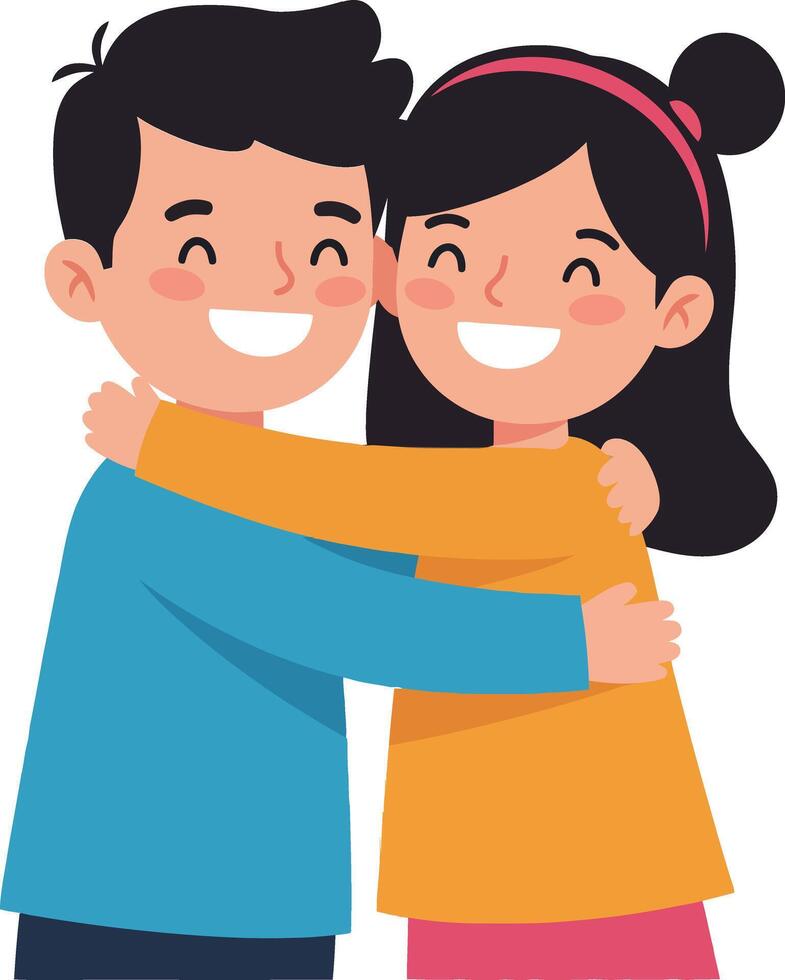 Two joyful children embracing in colorful clothing, showcasing happiness and friendship in a flat illustration vector