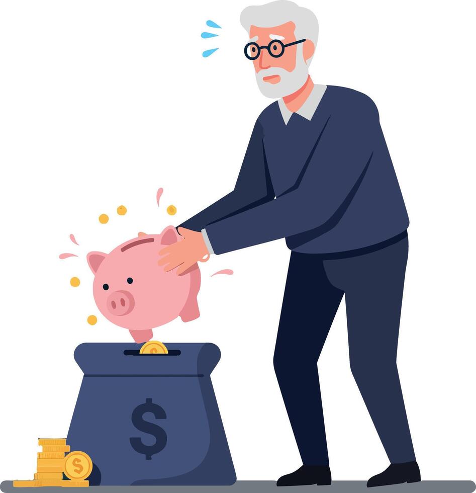 Elderly man anxiously depositing savings into a pink piggy bank with a worried expression in a minimal, flat design illustration vector
