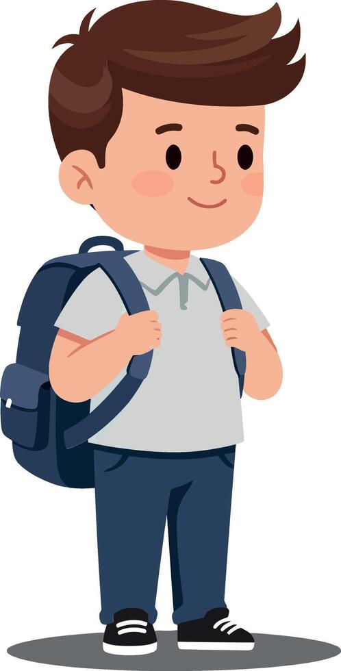 Cheerful young boy with a backpack standing confidently in a flat design style illustration vector
