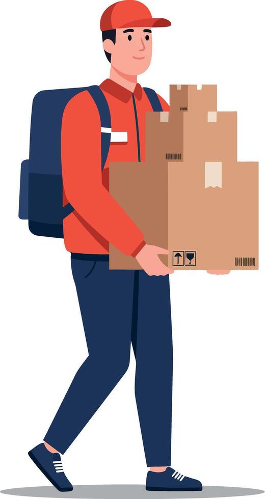 Delivery person carrying stacked cardboard boxes in a flat, minimal design style, showcasing professionalism and efficiency in art vector