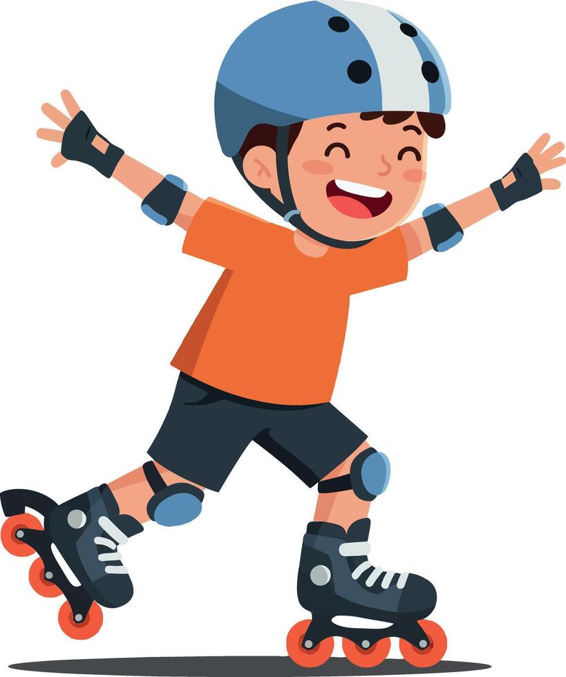 Happy child roller skating with a bright orange shirt and helmet in a playful, flat design illustration vector