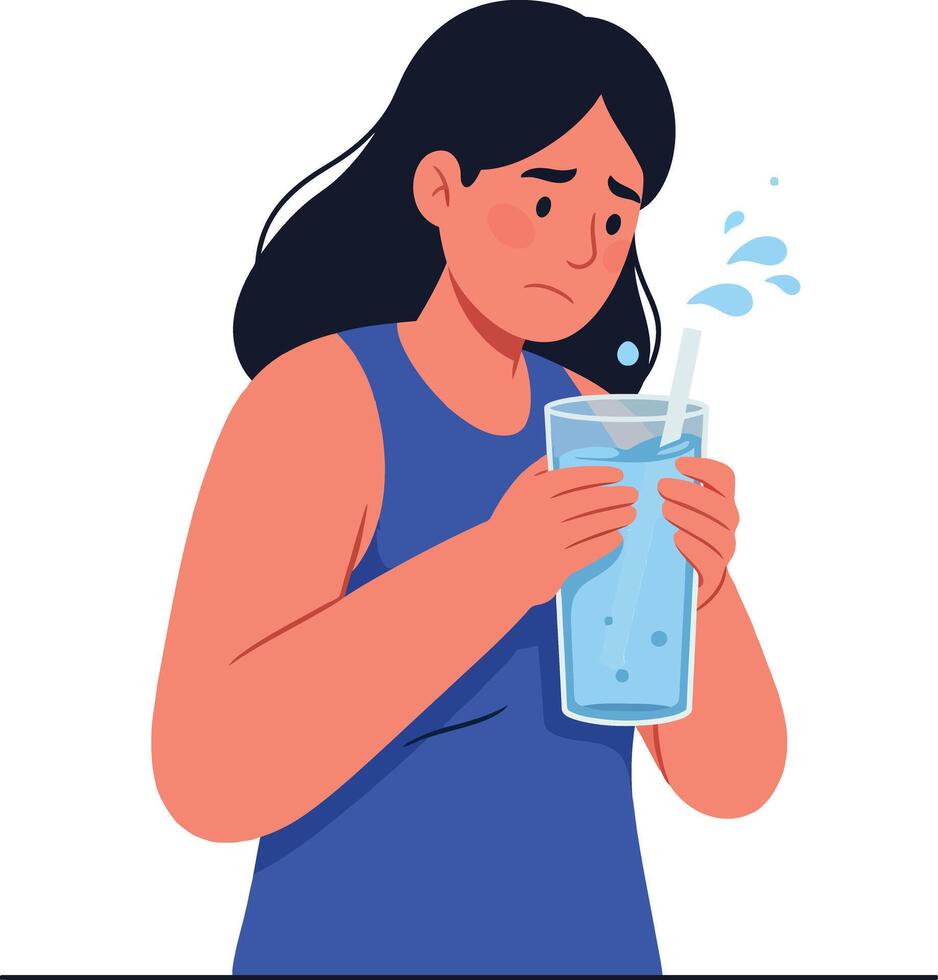 A woman holding a tall glass of water with a worried expression, flat design illustration depicting hydration concerns and emotional mood vector