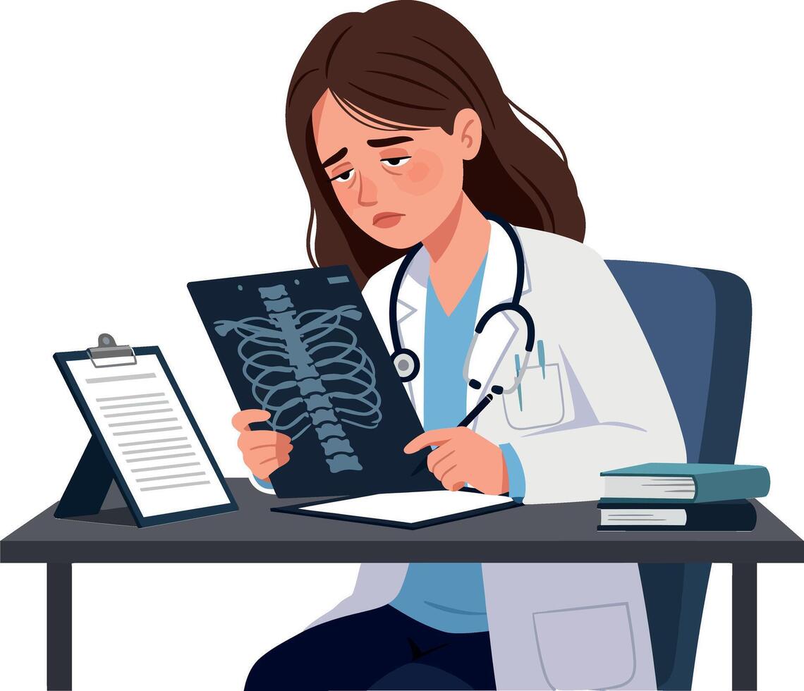 Doctor in white coat examining an X-ray on a desk with medical tools in a flat illustration vector
