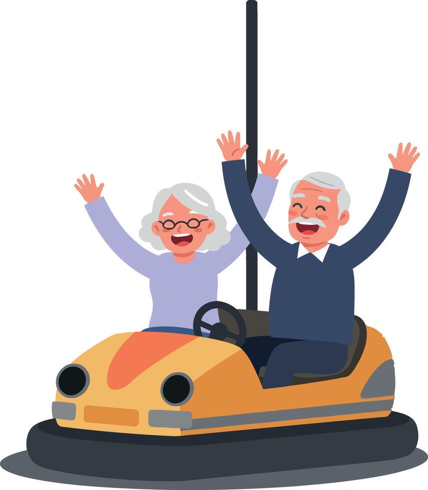 Joyful elderly couple in a bumper car enjoying a fun day at the amusement park in a colorful, cheerful flat illustration vector