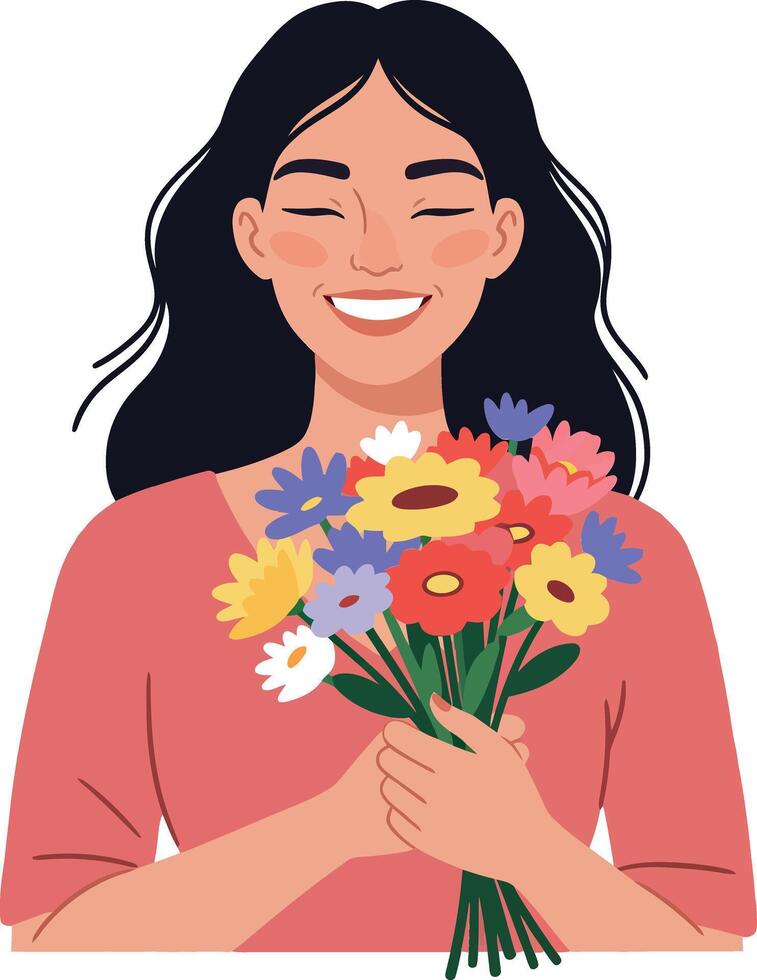 Cheerful woman holding a vibrant bouquet of flowers in a flat design style, exuding happiness and warmth in this illustration vector