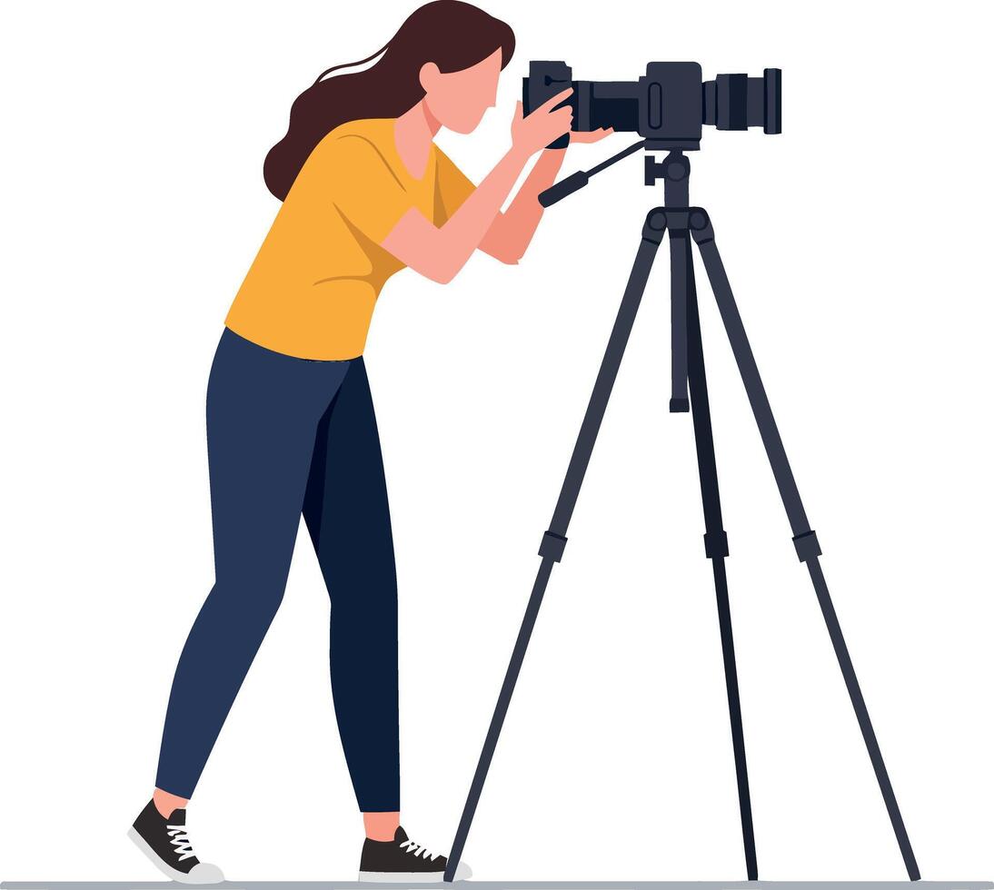 A woman photographing nature with a professional camera on a tripod in a flat design illustration showcasing focus and creativity in photography vector