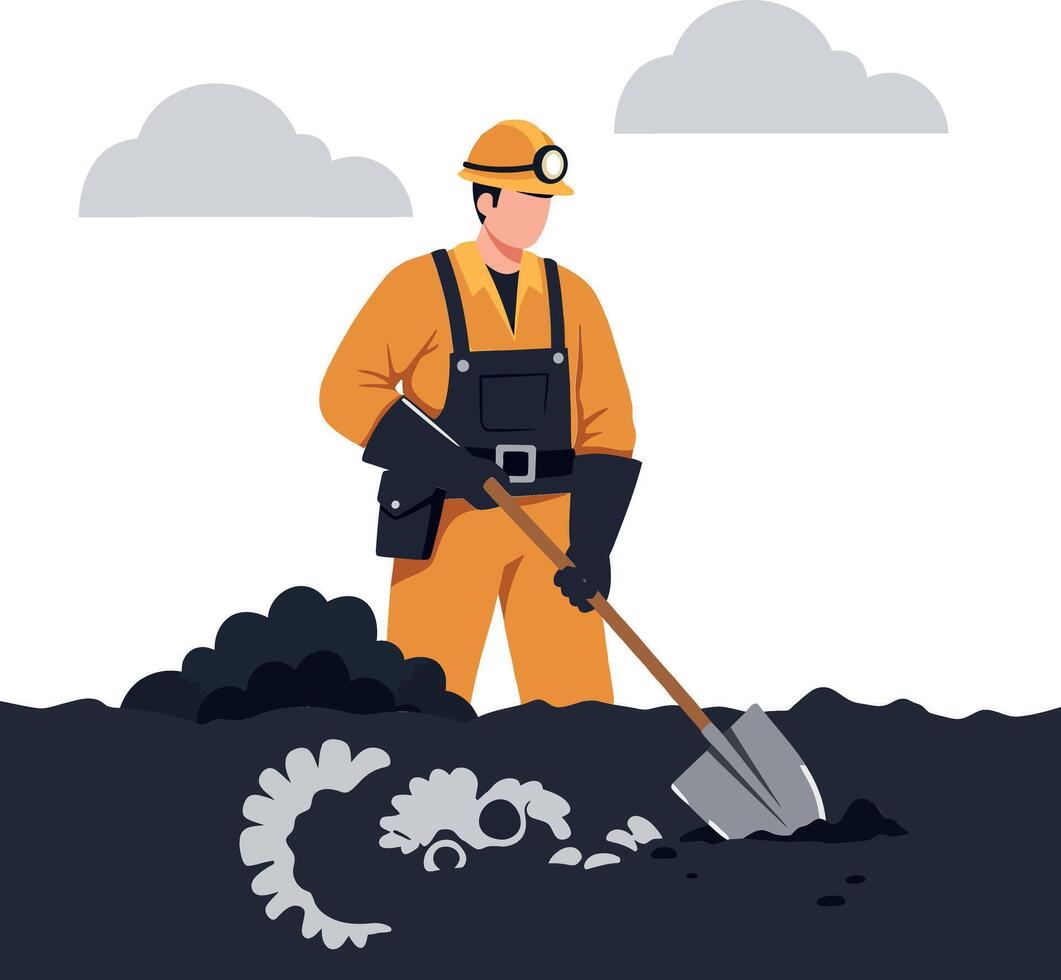 A miner in an orange jumpsuit digging in a coal mine with a shovel, showcasing flat design art vector