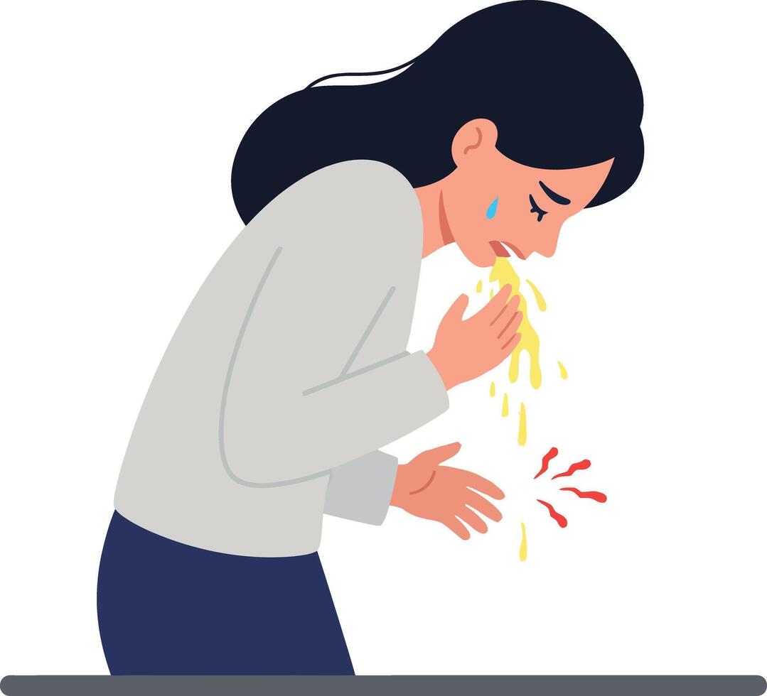 A woman bending over in distress with a pained expression while experiencing nausea in a minimal flat style illustration vector