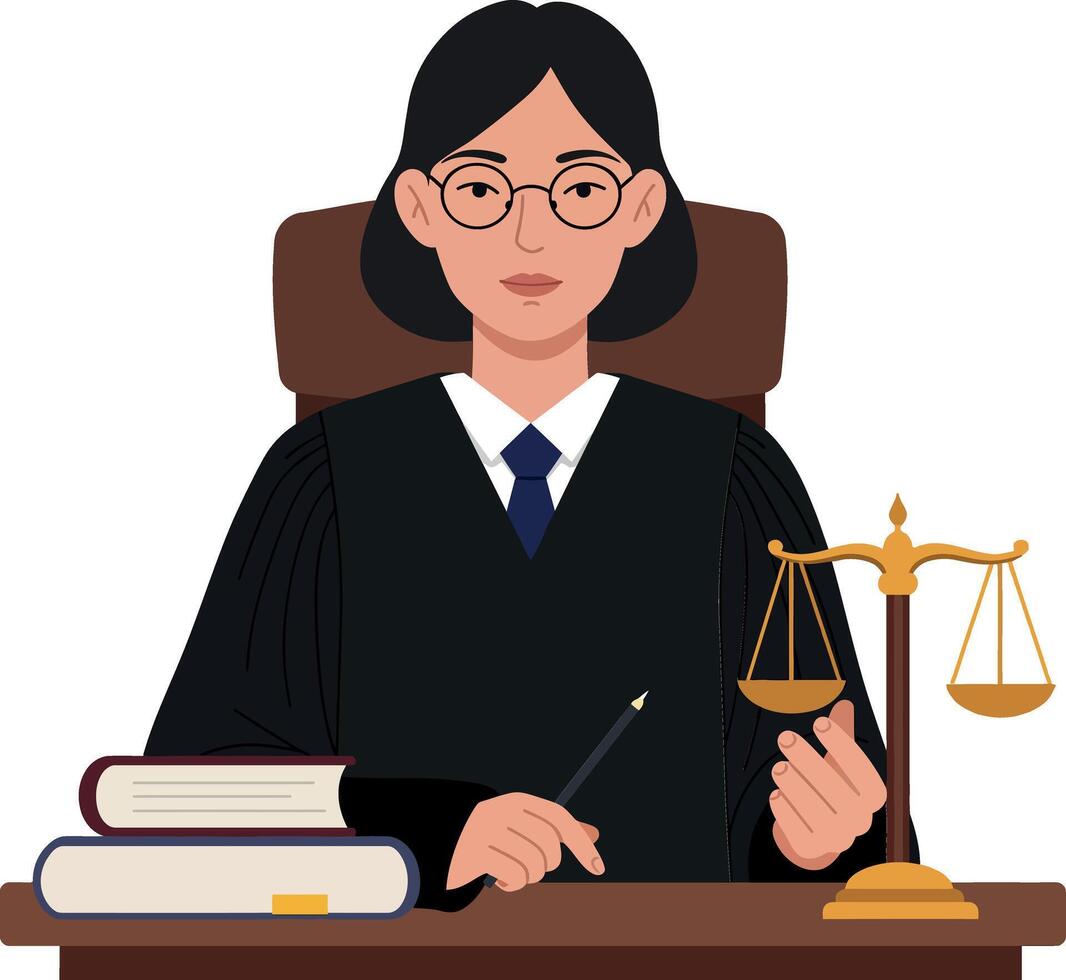 A confident female judge in a black robe seated at her desk with books, holding a pen and gesturing towards a balanced scale in this flat art vector