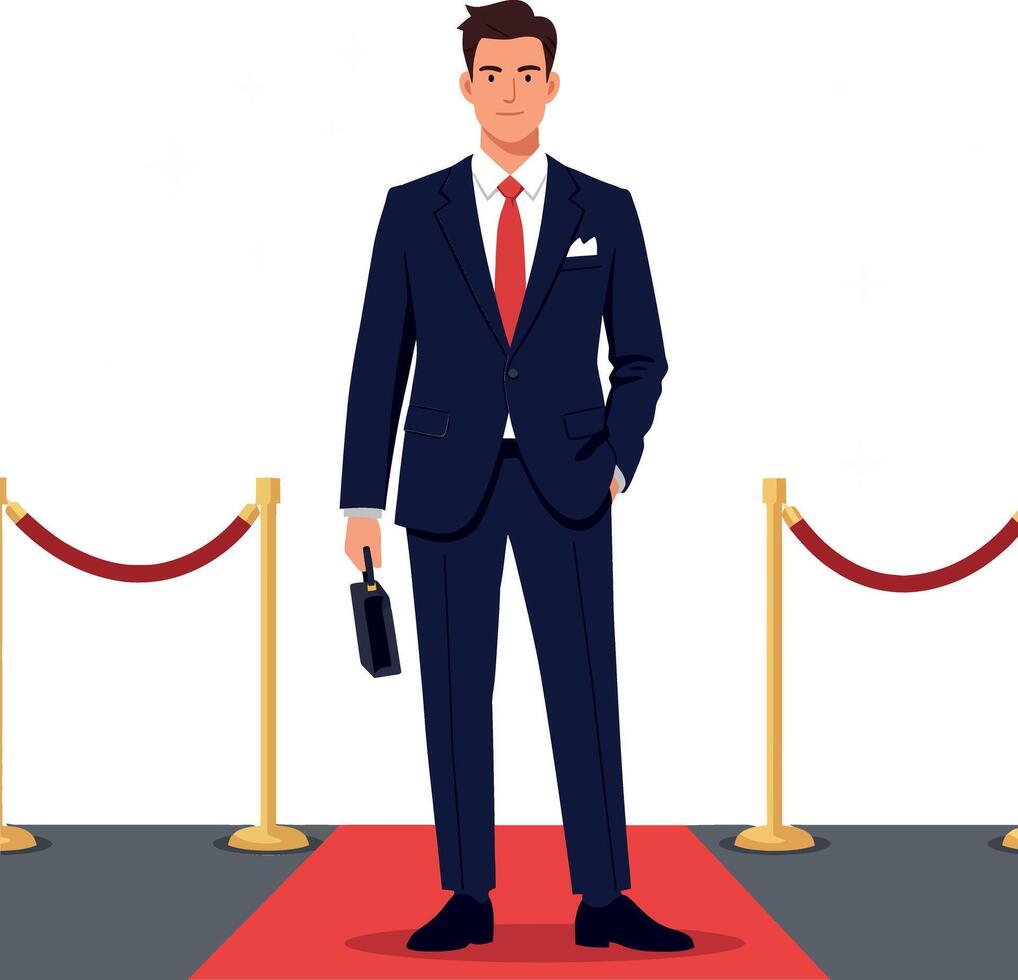 Confident man in a black suit holding a briefcase standing on a red carpet in a flat illustration vector