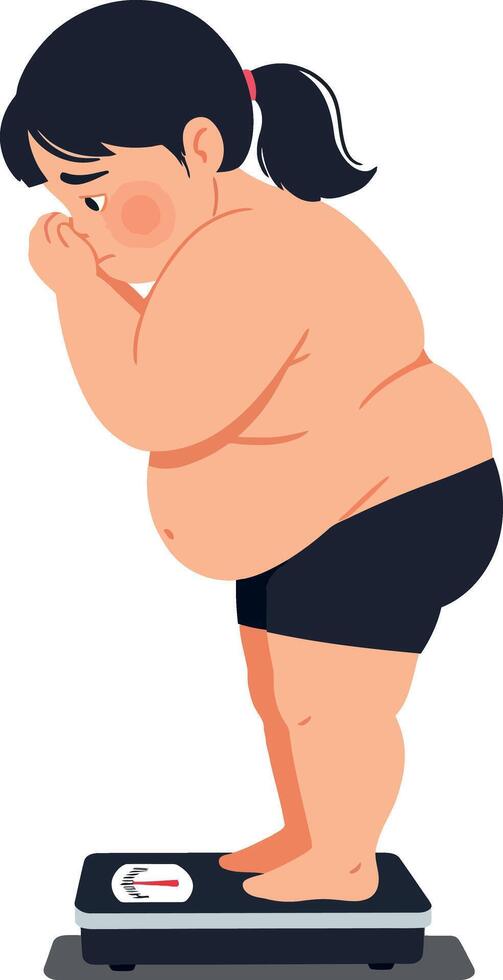 A young girl standing on a scale with a worried expression, illustrated in a flat and minimal style, conveying feelings of concern, illustration vector