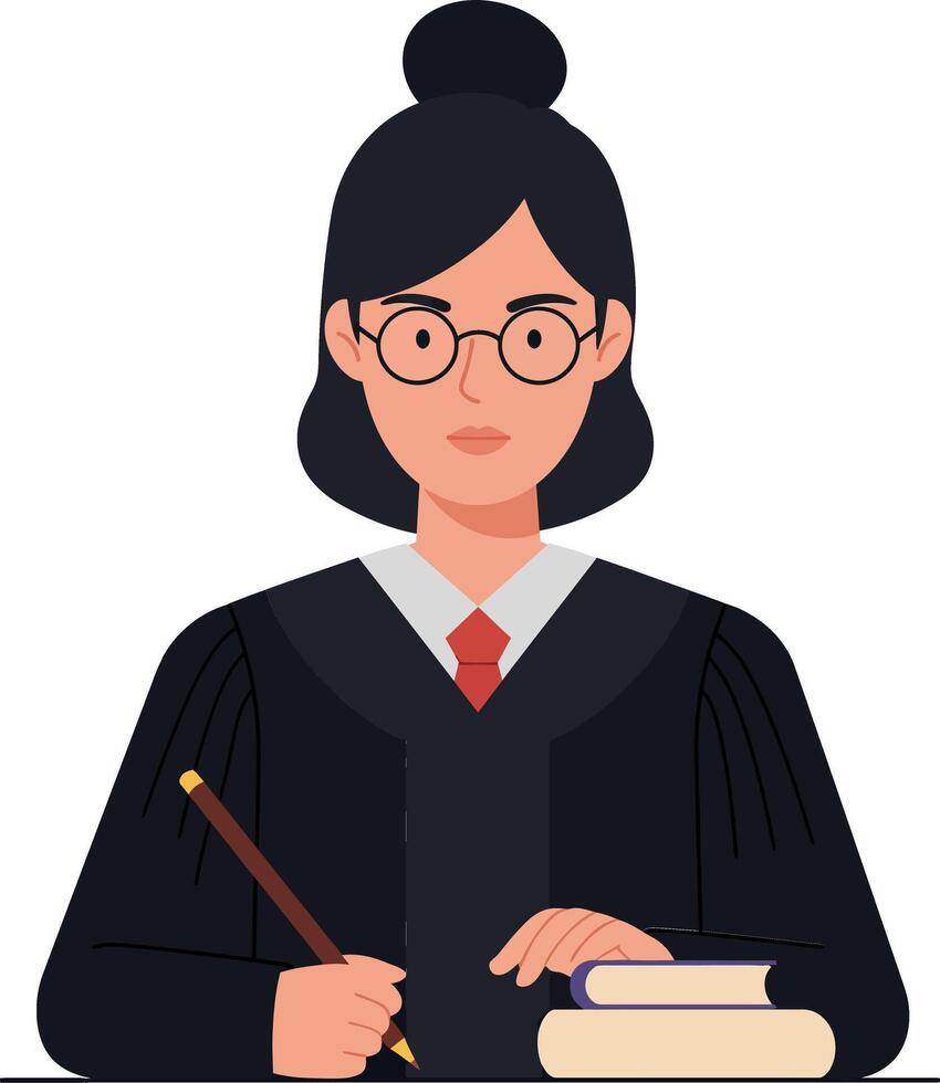 A female judge in a black robe writing notes with a pen while seated at a desk with law books, flat illustration vector