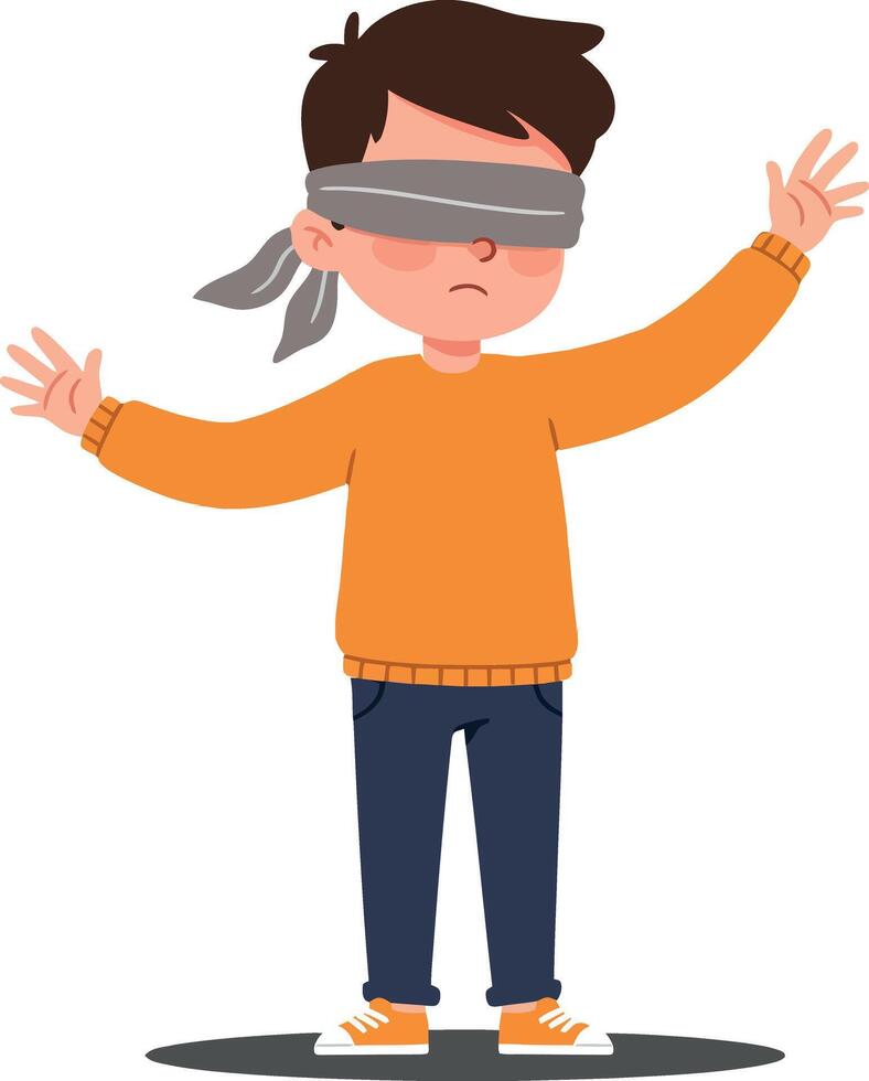 A young boy wearing a blindfold with outstretched hands in a playful stance, flat illustration depicting curiosity and innocence in a fun game setting art vector