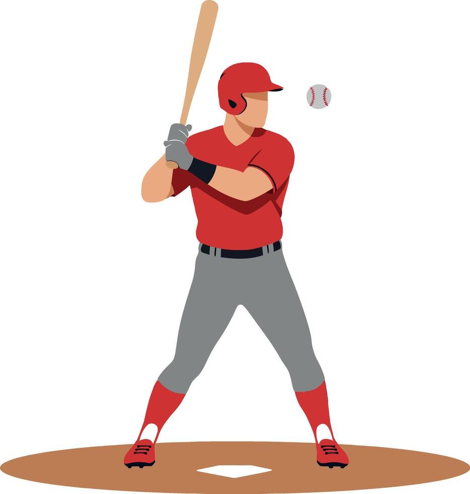 A baseball player in a red uniform swinging a bat with intensity in a minimal flat design illustration vector