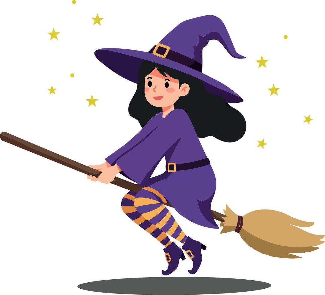 A cheerful young witch flying on a broomstick in a whimsical flat illustration with stars shimmering around her, embodying a playful and magical atmosphere vector