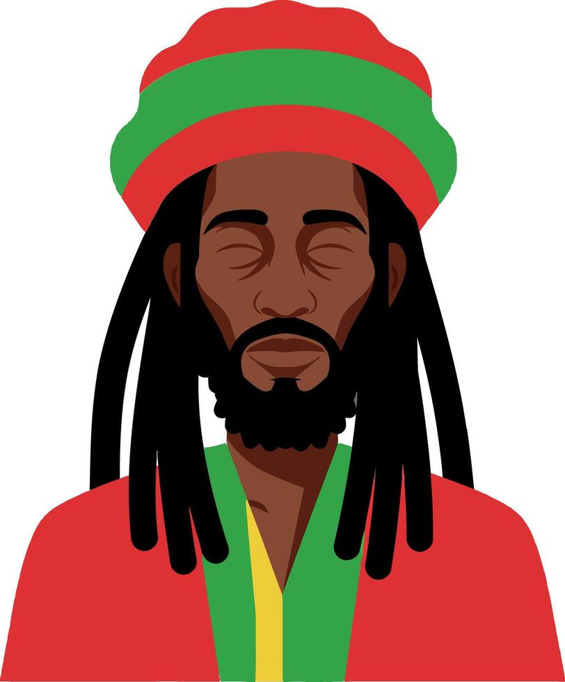 A man with dreadlocks wearing a red, green, and yellow hat in a flat, minimal design style showcasing cultural pride and tranquility in art vector