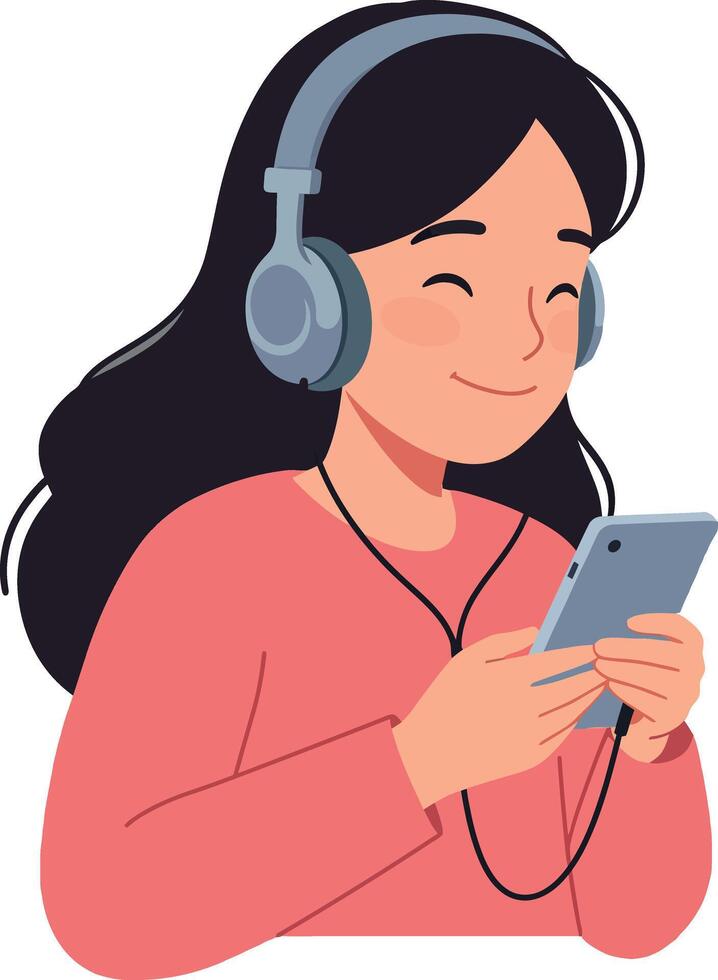 Young woman enjoying music with headphones, smiling while using smartphone in flat design art vector