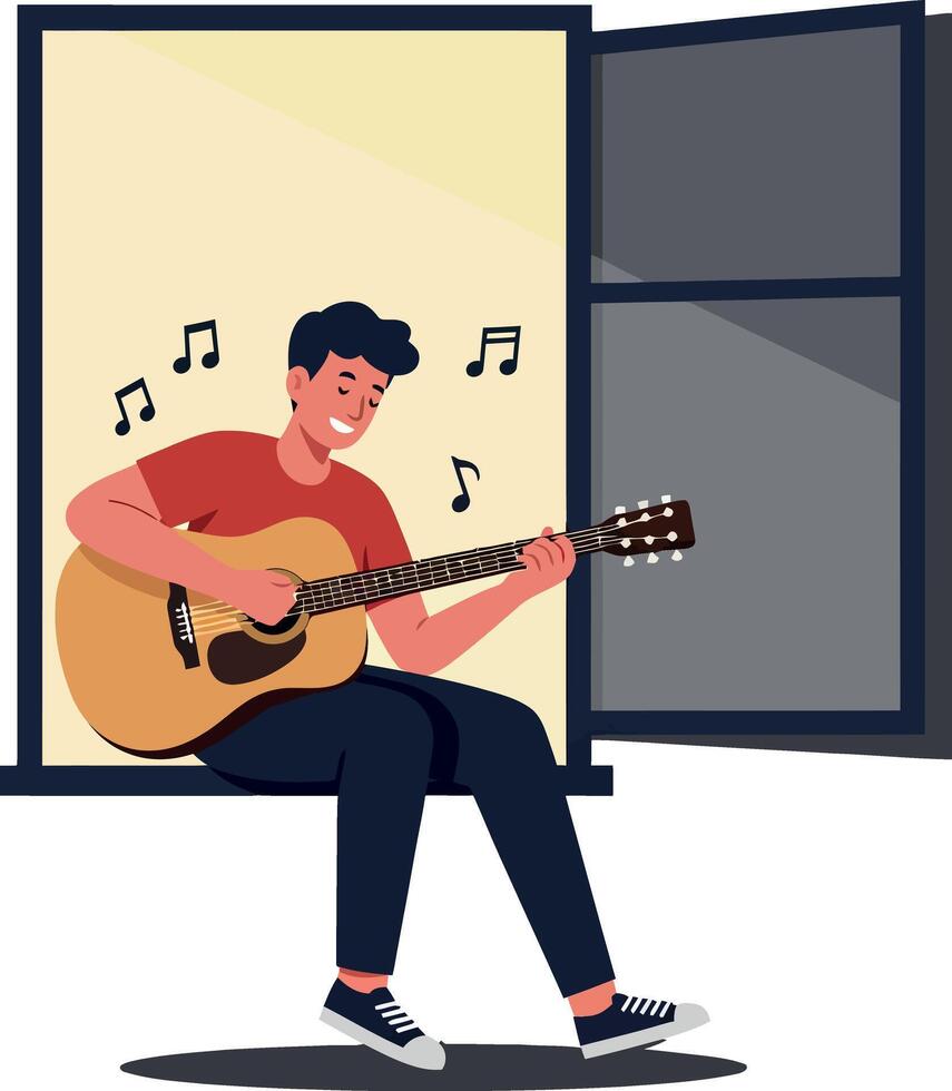 A young man joyfully playing an acoustic guitar while sitting in a window, minimalistic style, cheerful atmosphere in illustration vector