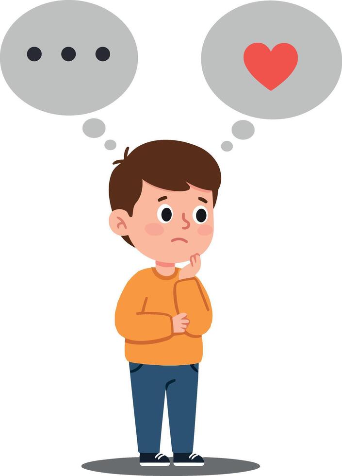 A young boy in an orange sweater pondering emotions depicted through thought bubbles in a minimalist illustration vector