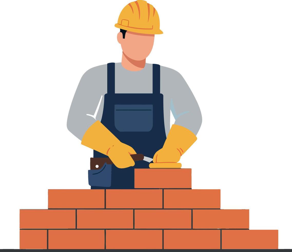 Construction worker in safety gear laying bricks in a minimal, flat design style featuring a focused expression and a well-organized workspace in illustration vector