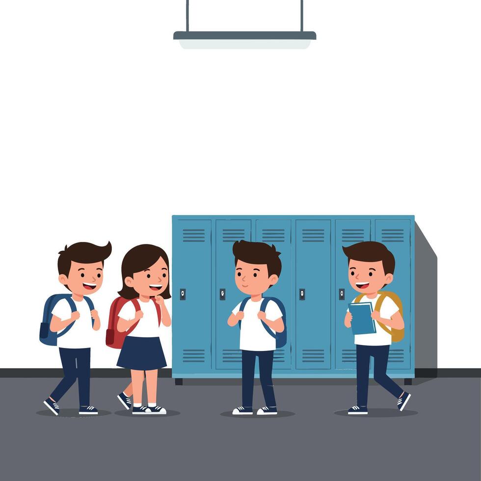 Four school children chatting and laughing in a hallway with blue lockers in a flat art style vector