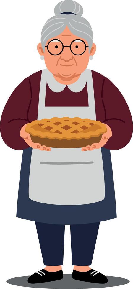 An elderly woman in glasses holding a freshly baked pie while wearing a cozy apron in a minimal flat design illustration vector