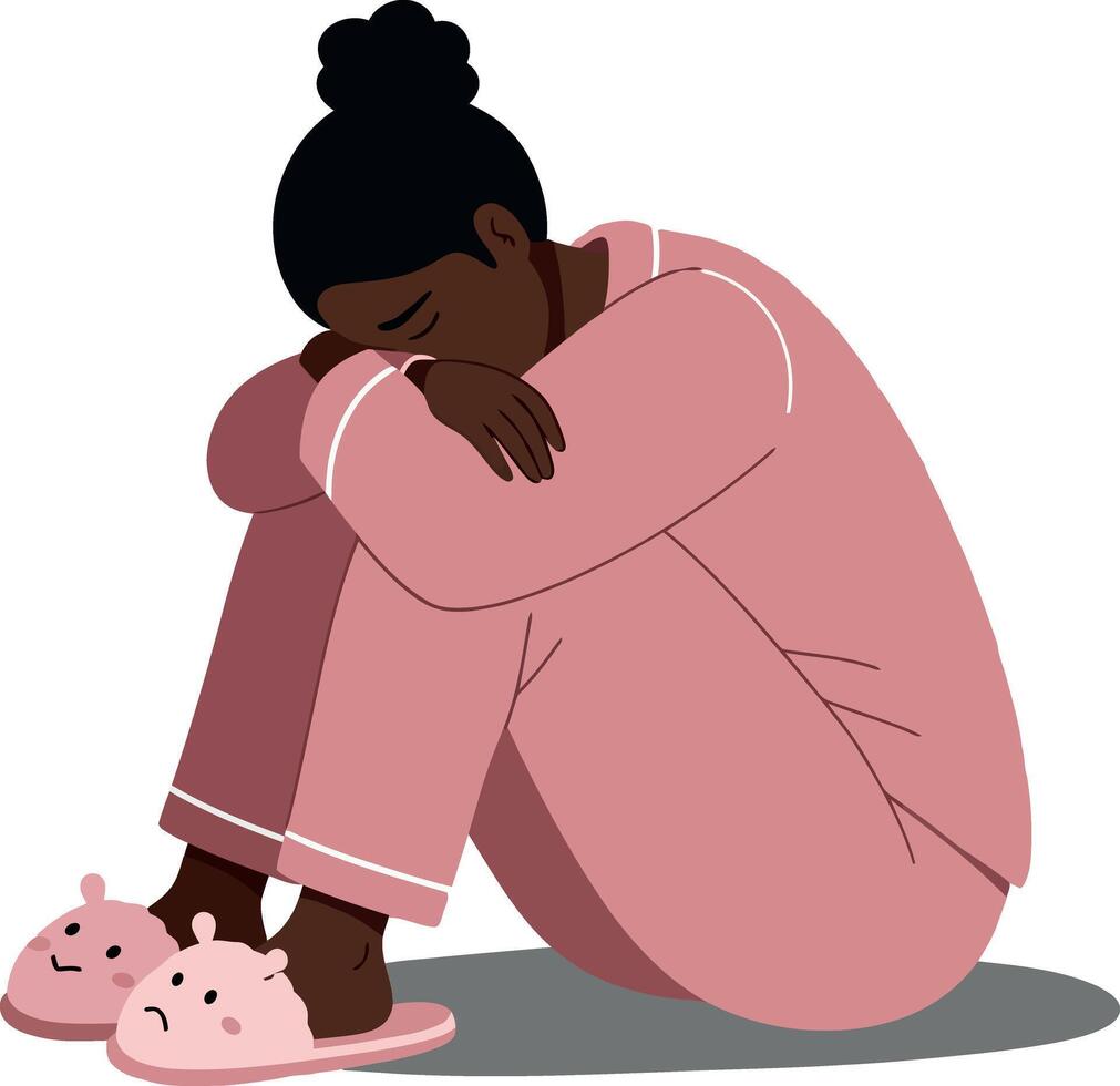 A woman sitting on the floor in pink pajamas with sad expression, minimalistic design, depicting feelings of loneliness and introspection in art vector