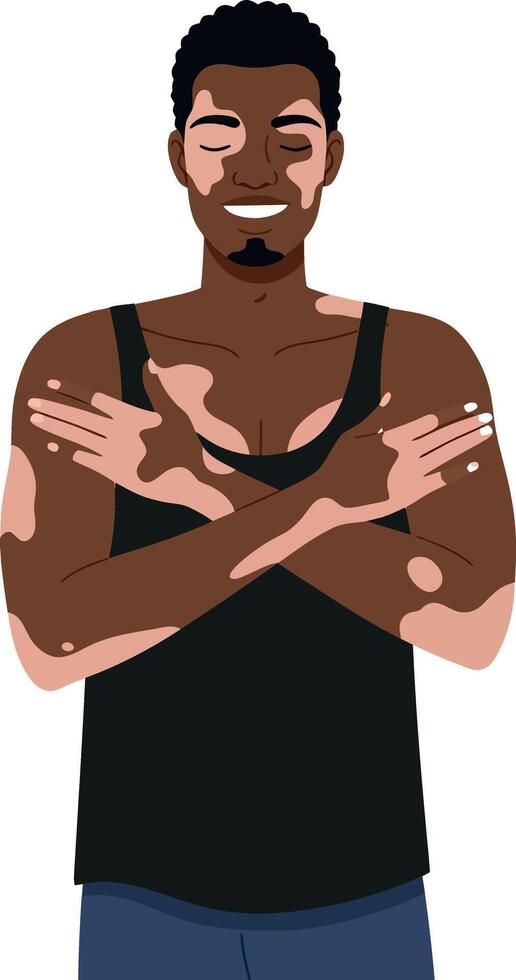 Confident young man with crossed arms wearing a black tank top in a minimal flat illustration style conveying positivity and self-assurance in art vector