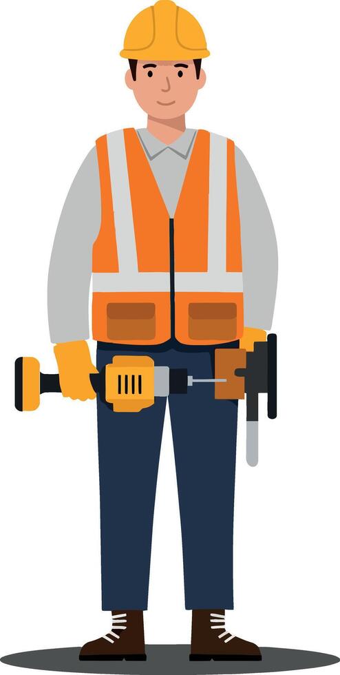 Construction worker in safety gear holding a power tool, flat design style, showcasing professionalism and readiness in illustration vector