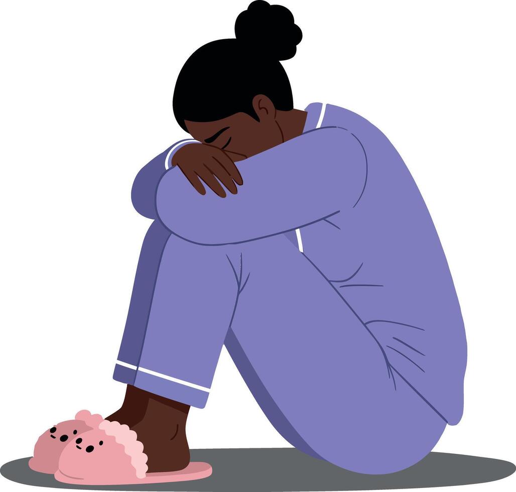 A young woman in purple pajamas sitting with her knees drawn up, showing a contemplative mood in flat art vector