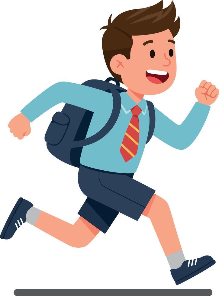 Happy young boy running energetically with a backpack in a flat, colorful style illustration vector