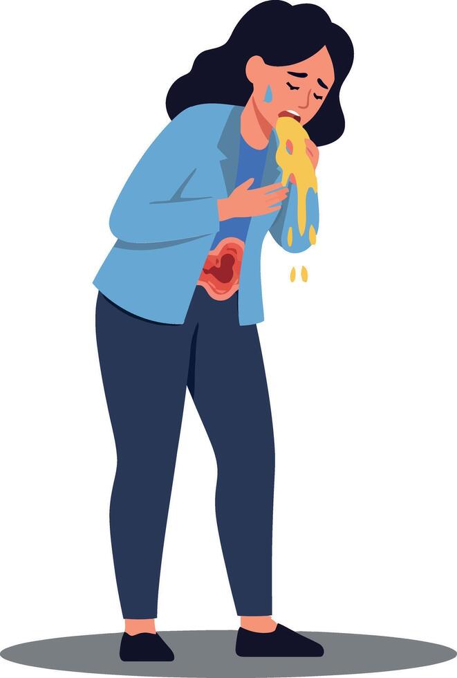 Woman hunched over in distress, experiencing nausea, wearing a blue jacket, minimal and colorful design, illustration vector