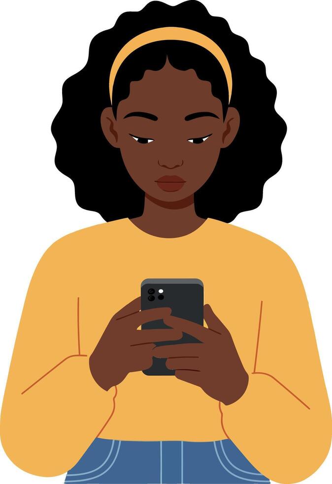 A young woman with curly hair focused on her smartphone wearing a bright yellow sweater in a flat art style vector