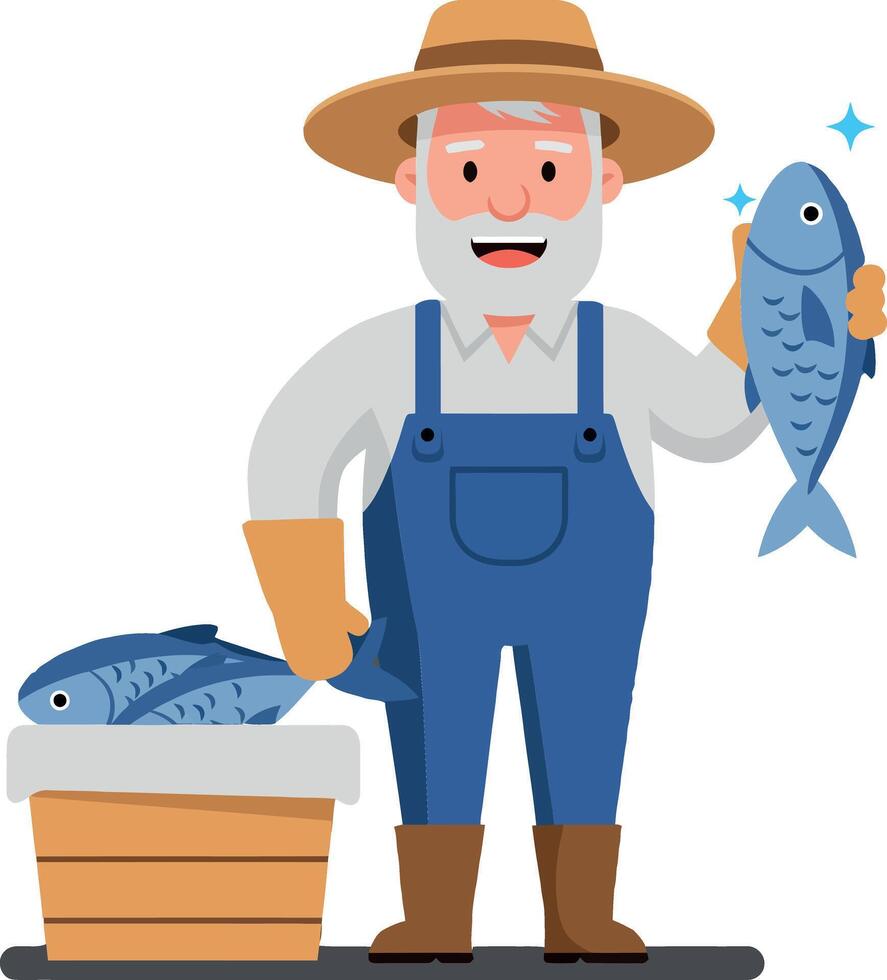Cheerful fisherman in blue overalls holding a shiny fish beside a wooden crate in a flat illustration vector