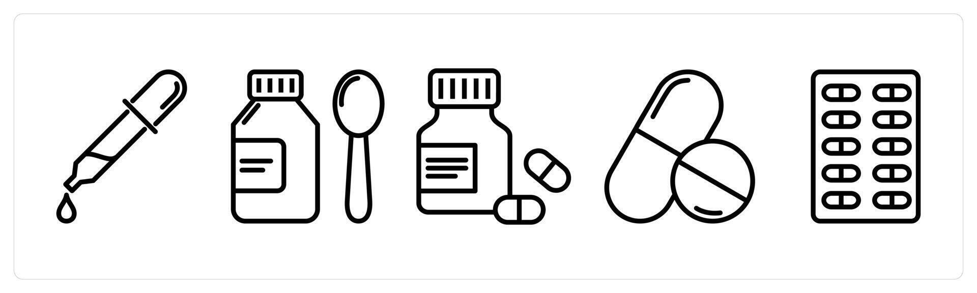 A set of 5 medical icons as dropper, syrup, medicine vector