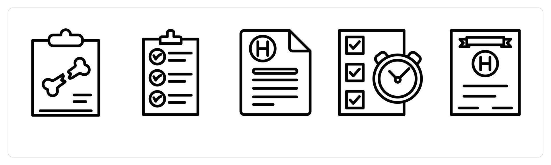 A set of 5 medical icons as orthopedic report, medical list, medical report vector