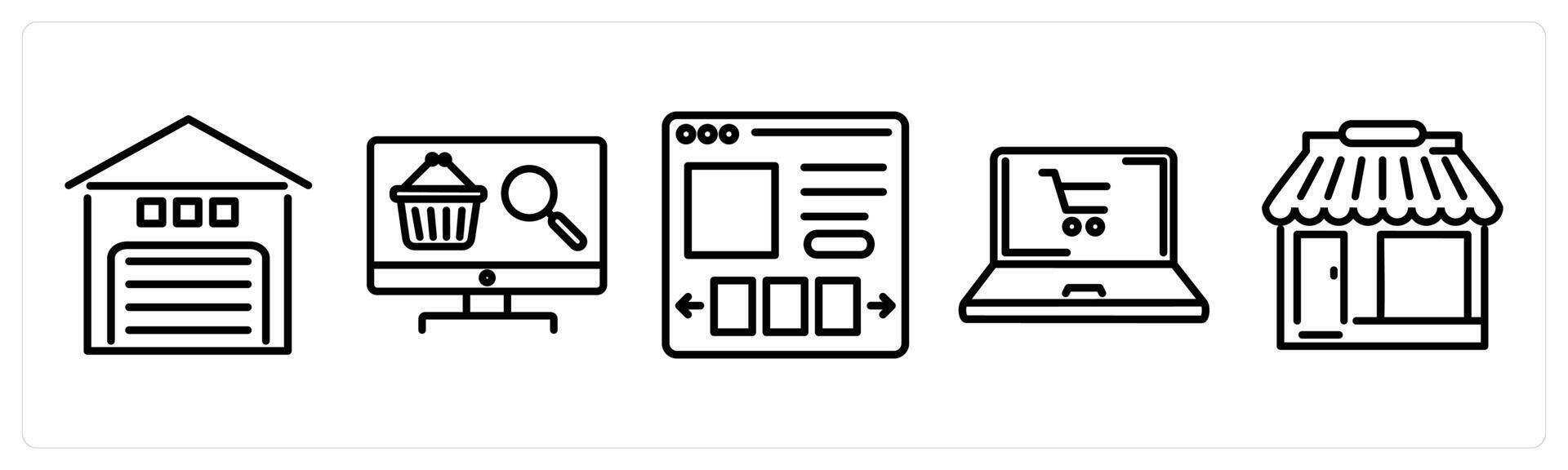 A set of 5 shopping icons as store, online store search, product details vector