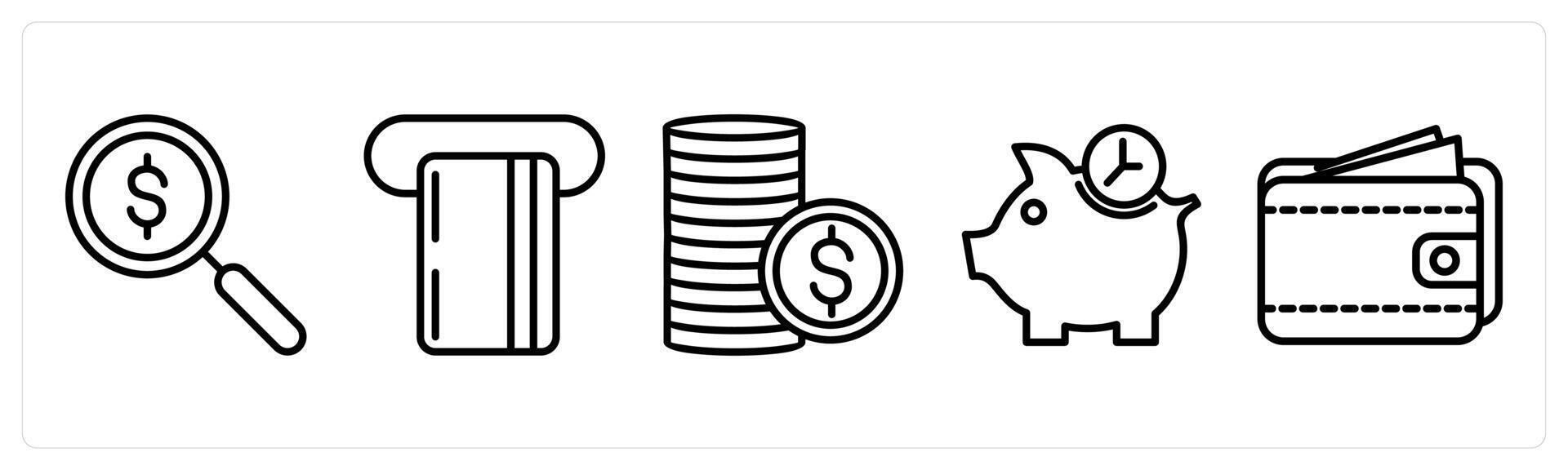 A set of 5 shopping icons as search money, insert card, coins vector