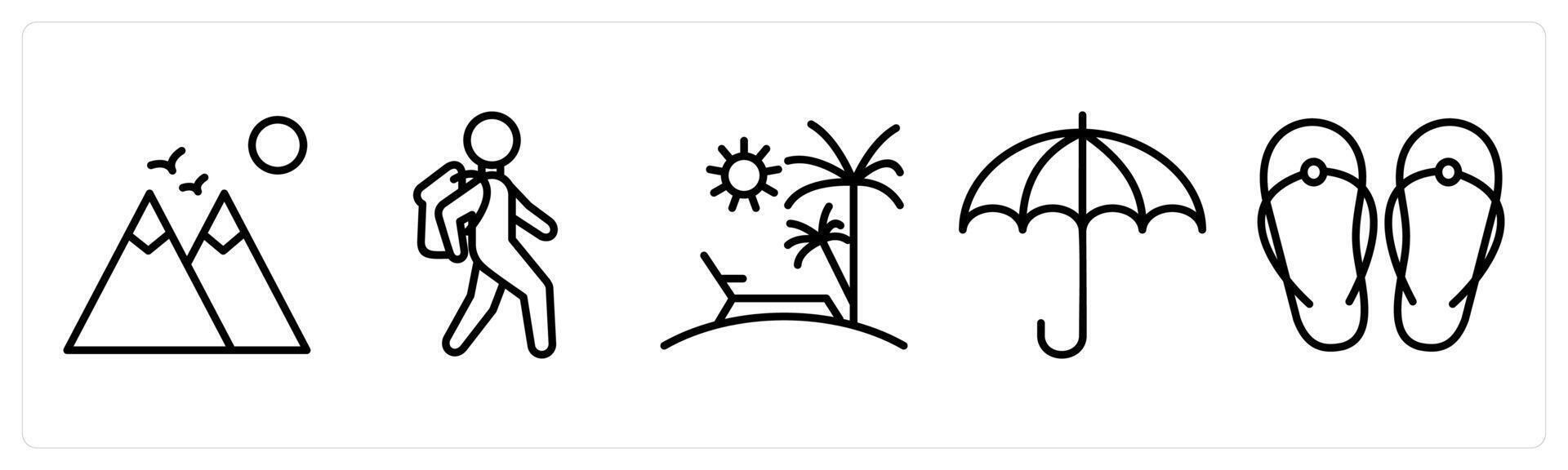 A set of 5 travel icons as mountains, travel man, beach vector