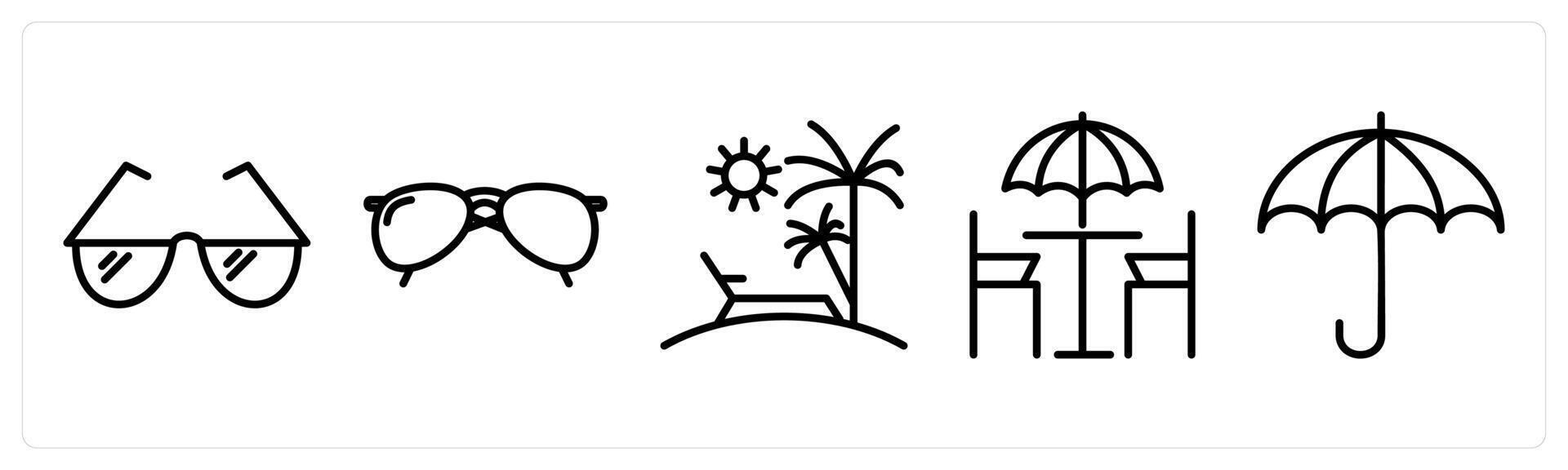 A set of 5 travel icons as sunglasses, spectacles, beach vector