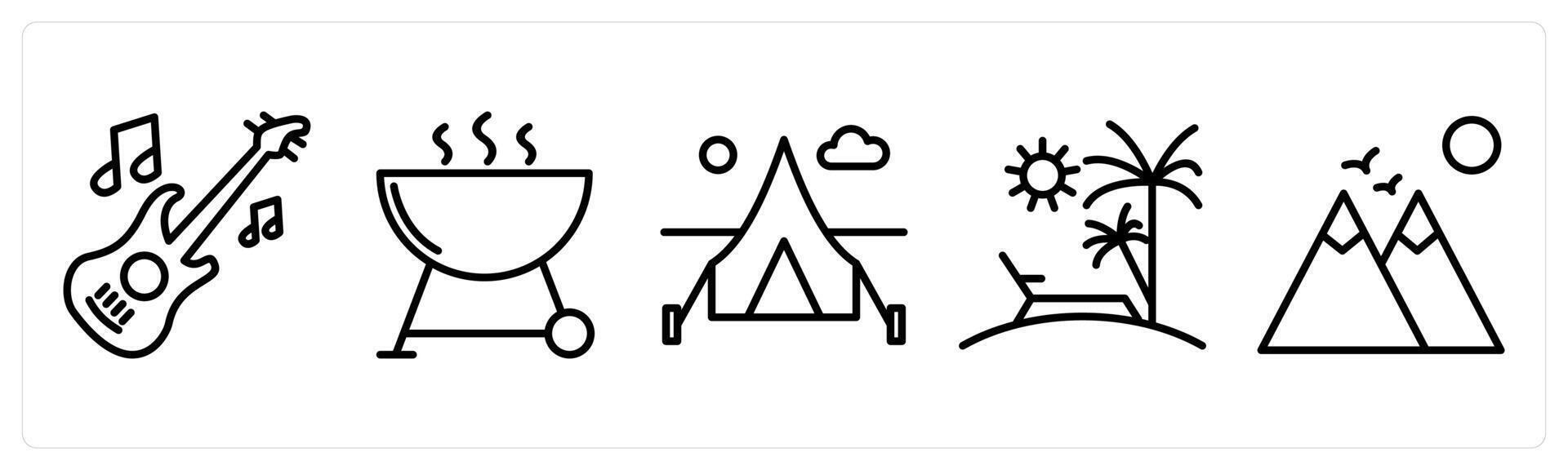 A set of 5 travel icons as guitar, barbecue, camping tent vector